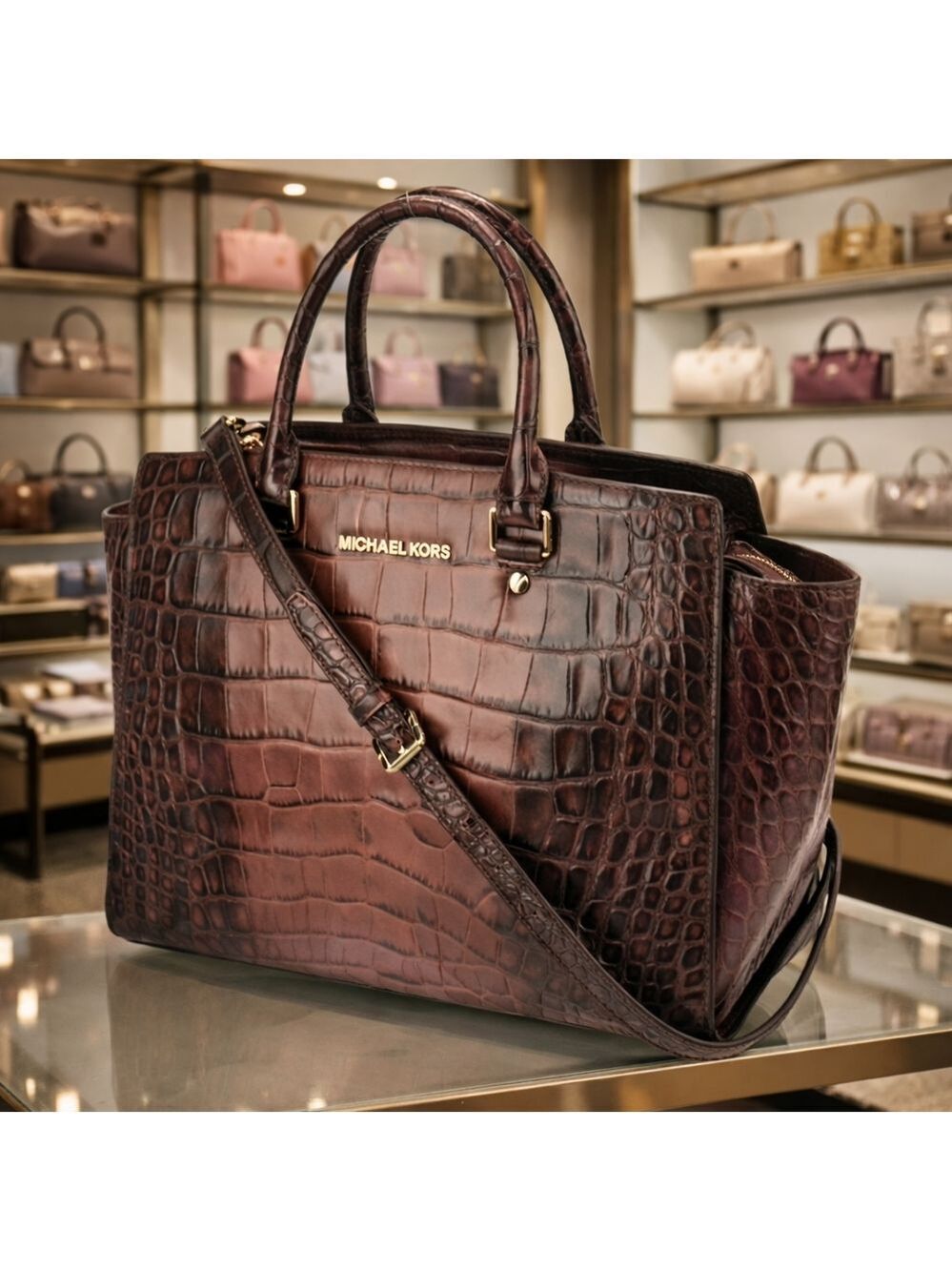 Michael Kors Selma Brown Croc Satchel Large Leather Hand Fall Shoulder Bag